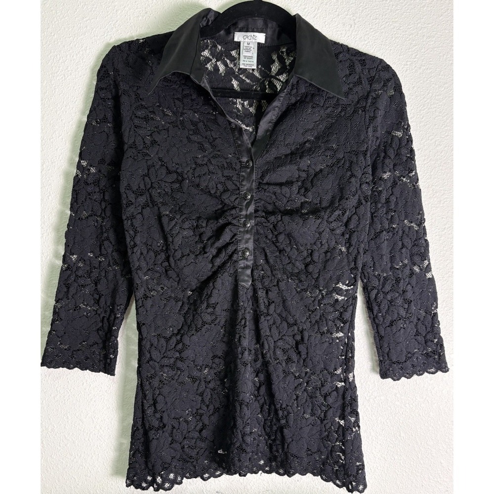 Vintage Y2K Cache Black Lace Sheer Collared Floral Button-Up Blouse M Whimsygoth